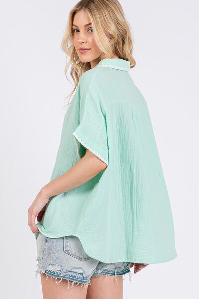 Boho Women’s Gauze Shirt with Contrast Trim – Stylish Casual Blouse