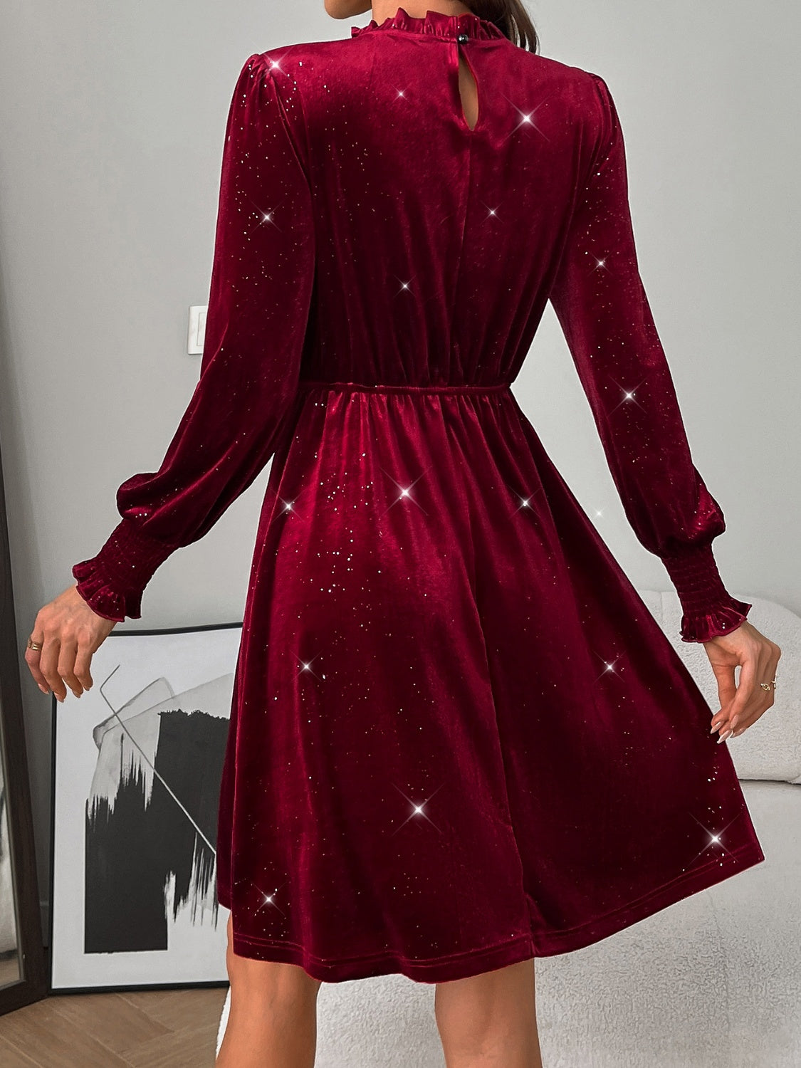 Glitter Mock Neck Long Sleeve Mini Dress Trandify Deal