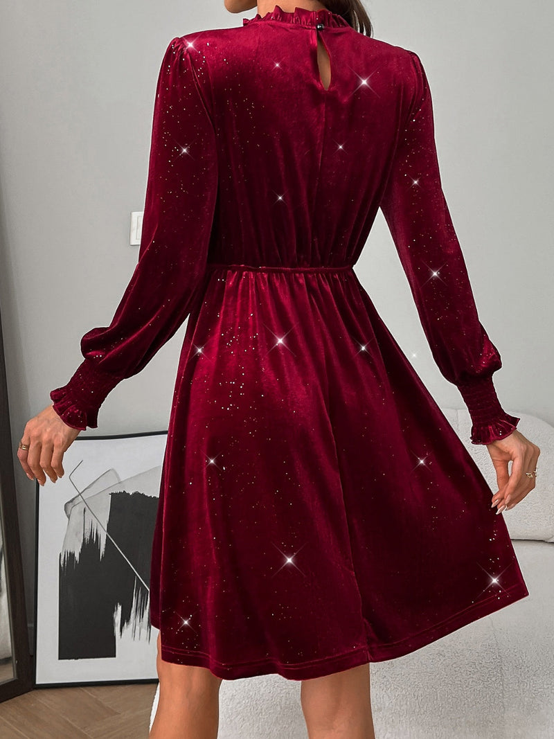 Glitter Mock Neck Long Sleeve Mini Dress Trandify Deal