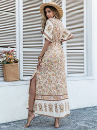 Drawstring Printed Plunge Half Sleeve Dress Trandify Deal