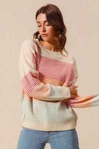 Color Block Waffle Knit Sweater - Women's Long Sleeve Top