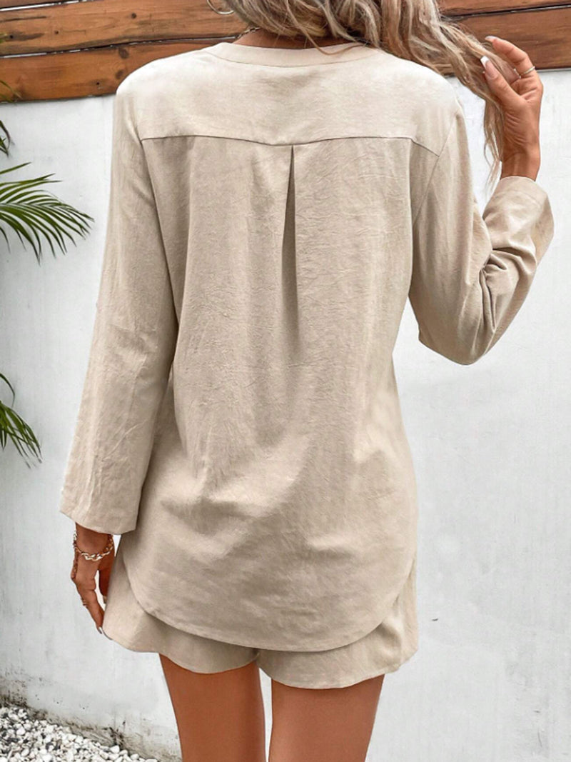 Notched Long Sleeve Top and Shorts Set Trandify deal