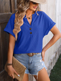 Mandy Eyelet Notched Short Sleeve T-Shirt Trandify deal