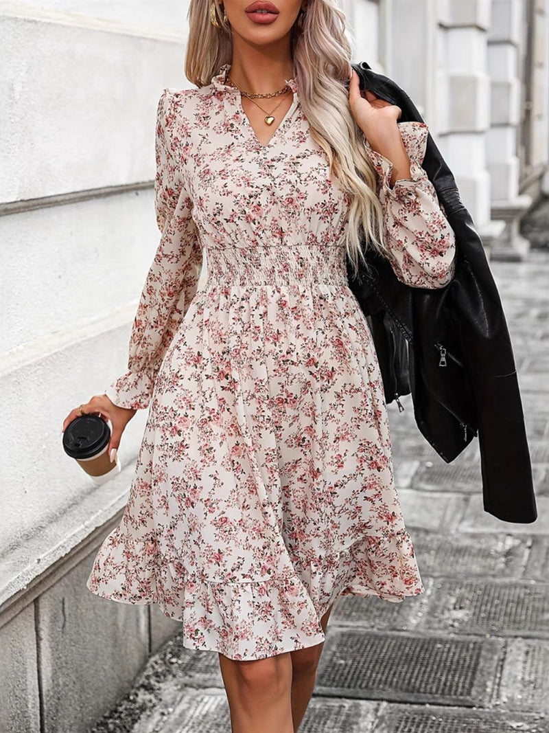 Ruffle Hem Floral Surplice Long Sleeve Dress Trandify Deal