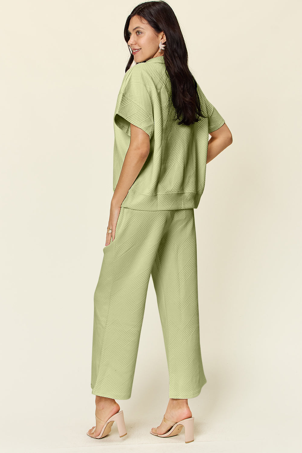 Double Take Full Size Texture Half Zip Short Sleeve Top and Pants Set - Trandify Deal