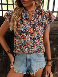 Floral Notched Cap Sleeve Blouse Trandify deal