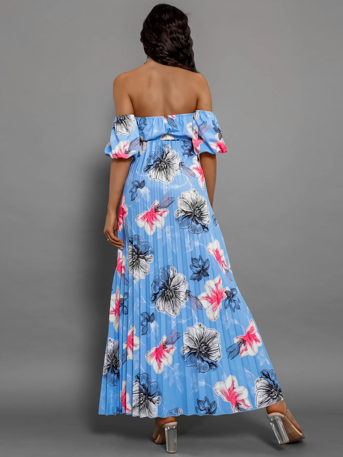 Pleated Floral Off-Shoulder Short Sleeve Midi Dress Trandify deal