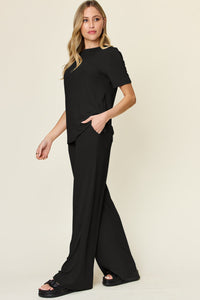 Double Take Full Size Round Neck Short Sleeve T-Shirt and Wide Leg Pants Set Trandify Deal