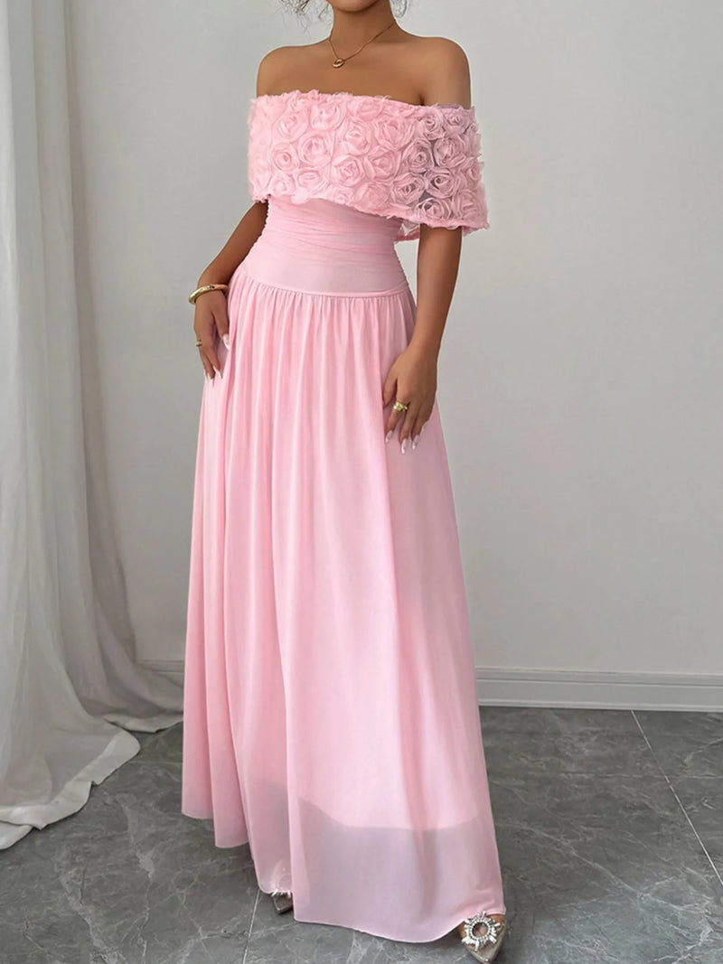 Off-Shoulder Rose Embellished Maxi Dress – Floral Bohemian Summer Gown for Women