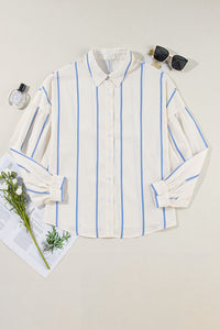 Striped Collared Neck Long Sleeve Shirt Trandify Deal