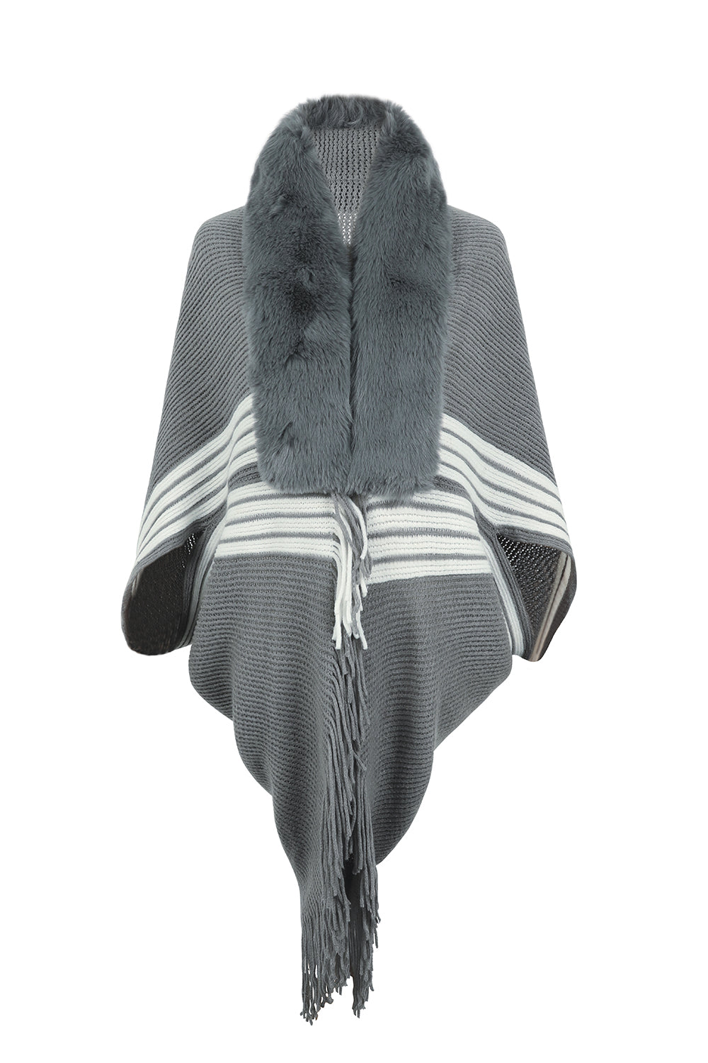 Striped Fringe Detail Long Sleeve Poncho Trandify deal