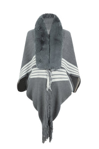 Striped Fringe Detail Long Sleeve Poncho Trandify deal