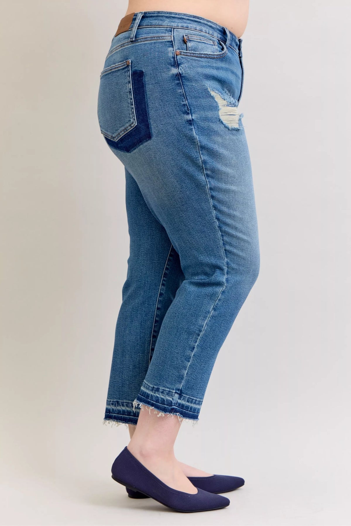 Women's Distressed Jeans | Mid Rise Patch & Repair Boyfriend Fit