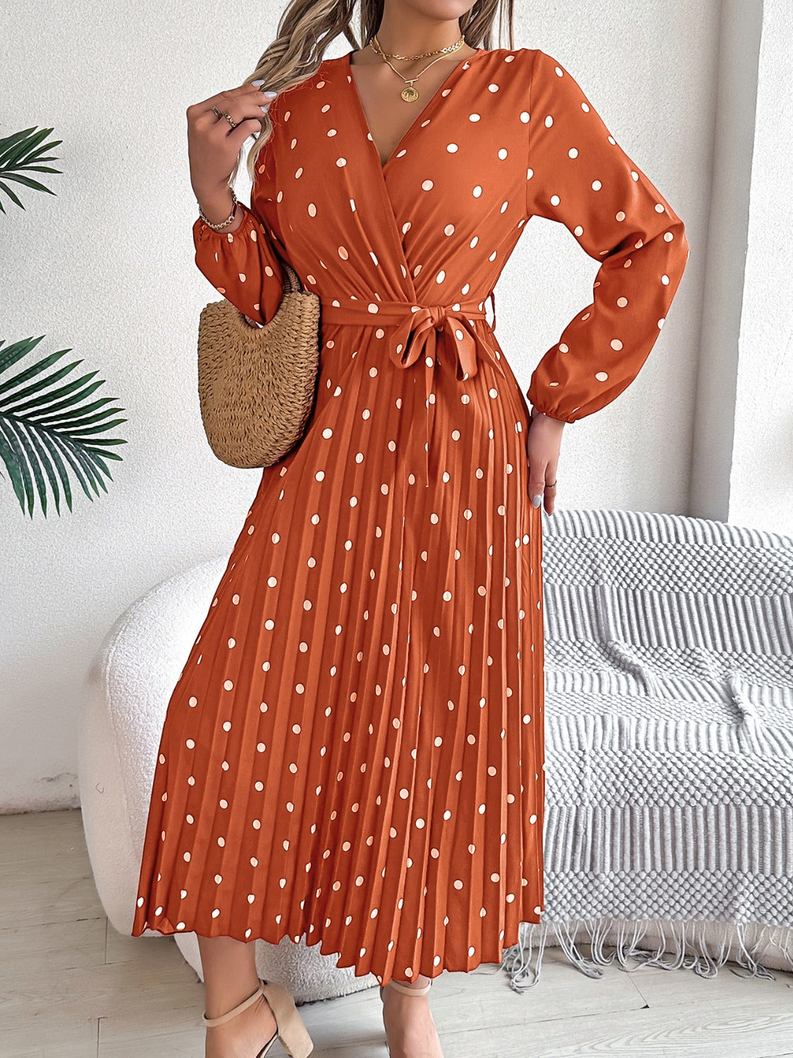 Tied Polka Dot Long Sleeve Midi Dress Trandify deal