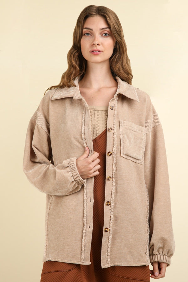 VERY J Mixed Media Button Down Raw Hem Shacket for Women - Trendy Layering Piece at TrandifyDeal