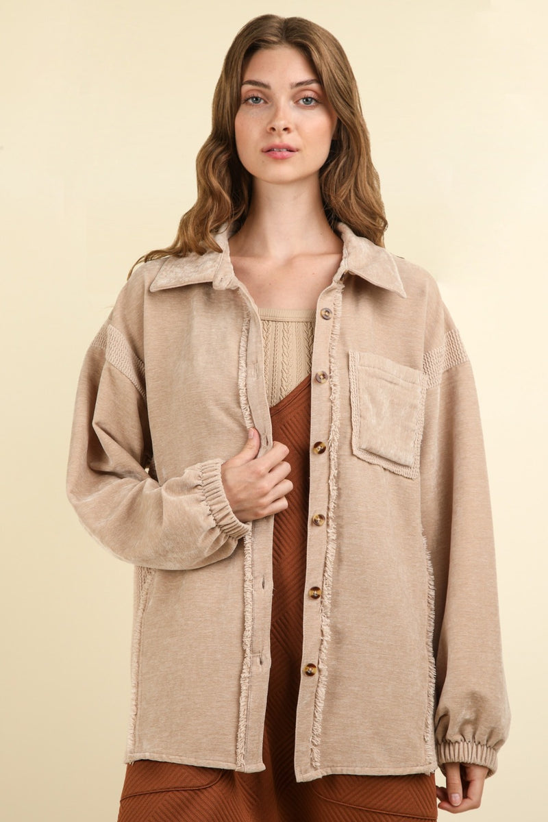 VERY J Mixed Media Button Down Raw Hem Shacket for Women - Trendy Layering Piece at TrandifyDeal