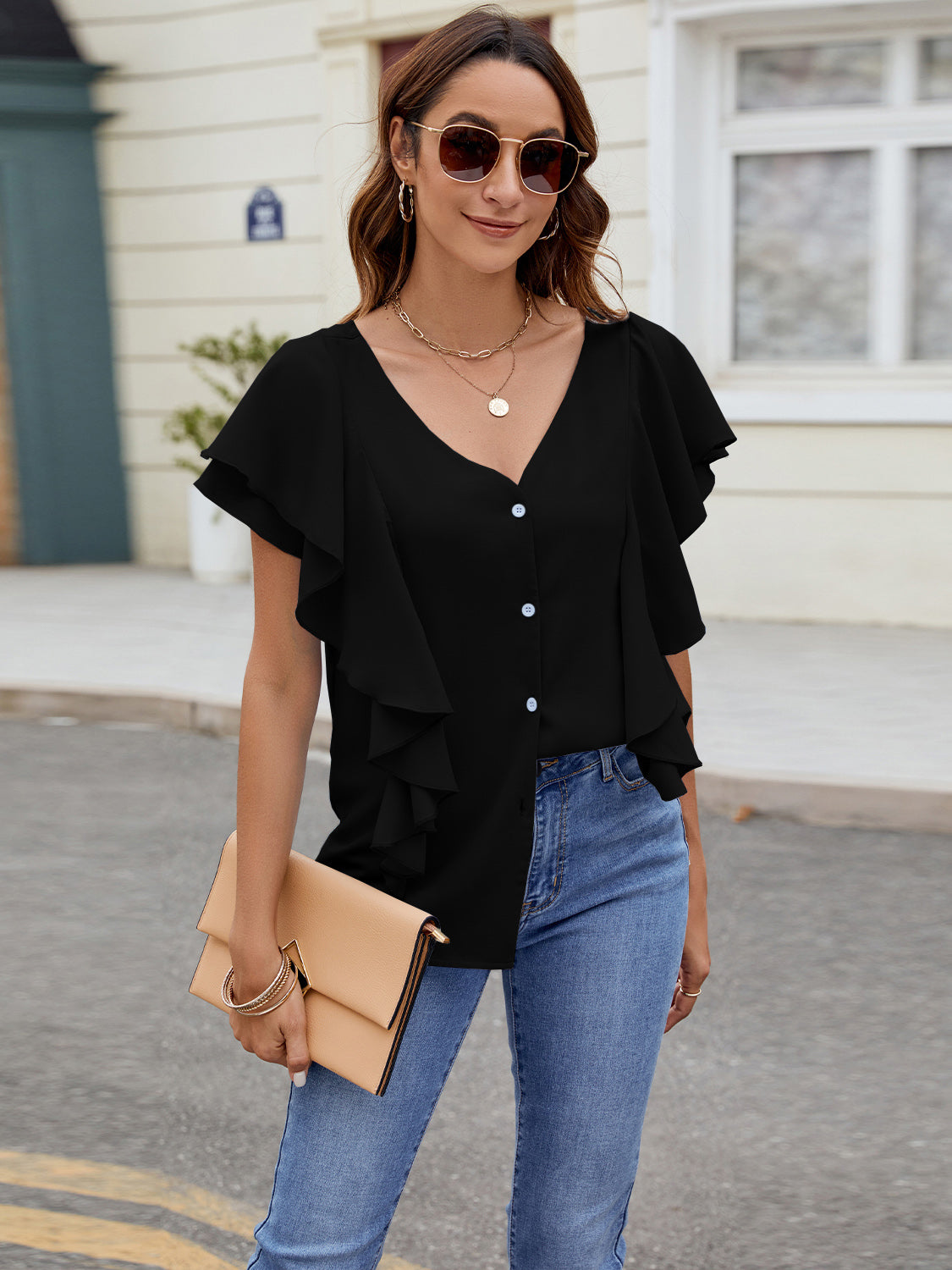 Ruffled V-Neck Short Sleeve Top Trandify deal
