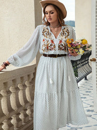 Plus Size Printed Tie Neck Long Sleeve Midi Dress Trandify Deal