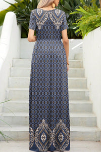 Printed Round Neck Short Sleeve Maxi Dress Trandify deal