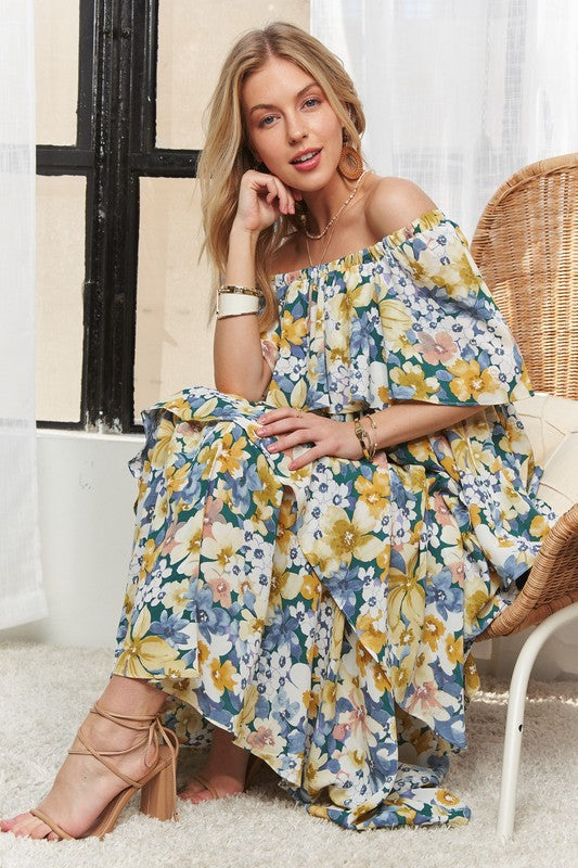 ADORA Layered Floral Off-Shoulder Short Sleeve Maxi Dress Trandify deal