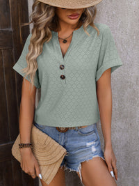 Mandy Eyelet Notched Short Sleeve T-Shirt Trandify deal