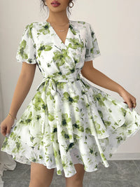 Floral Print Surplice Neck Mini Dress for Women – Boho Layered Ruffled Summer Dress