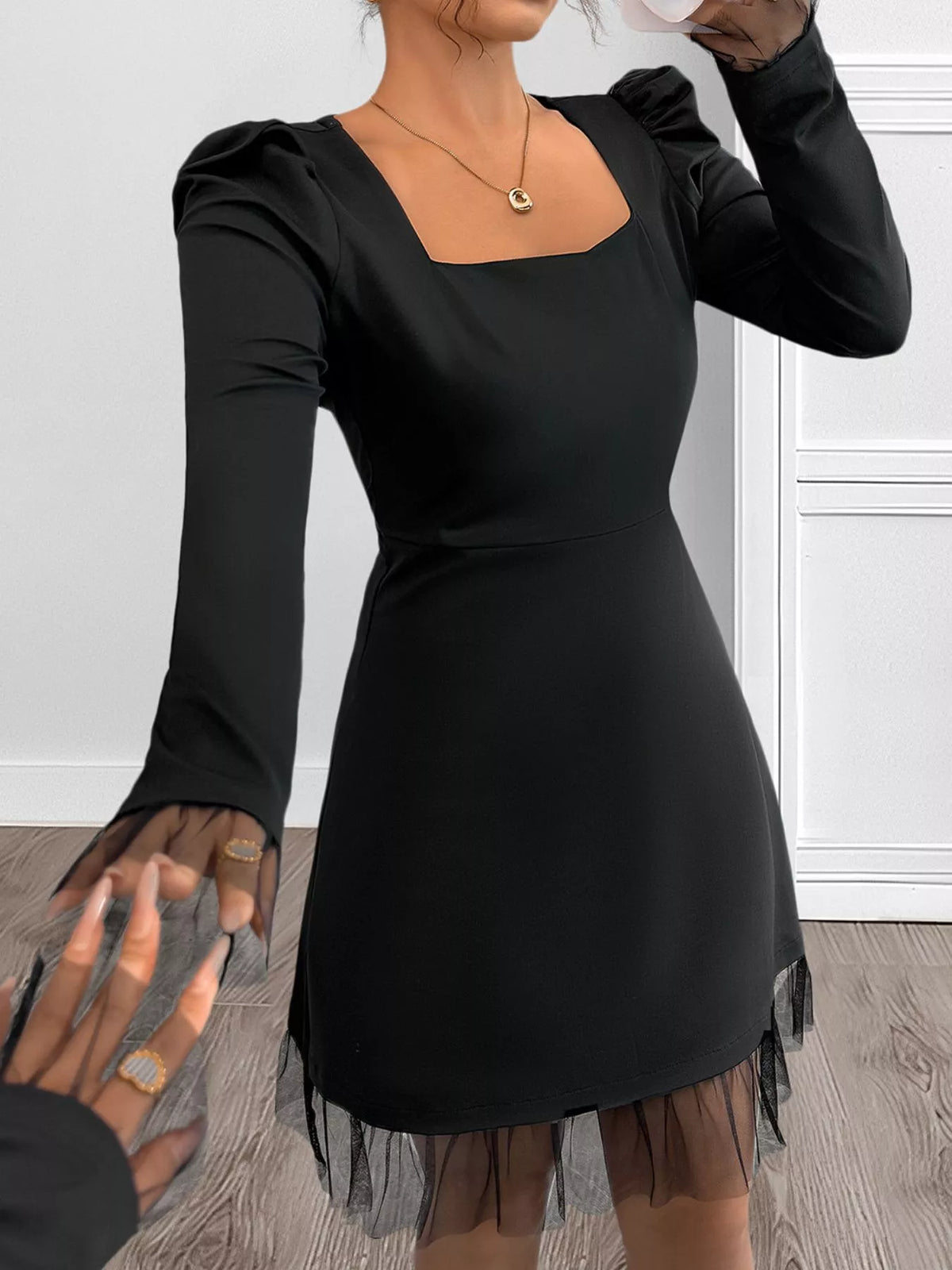 Black Square Neck Puff Sleeve Dress with Mesh Ruffle Hem