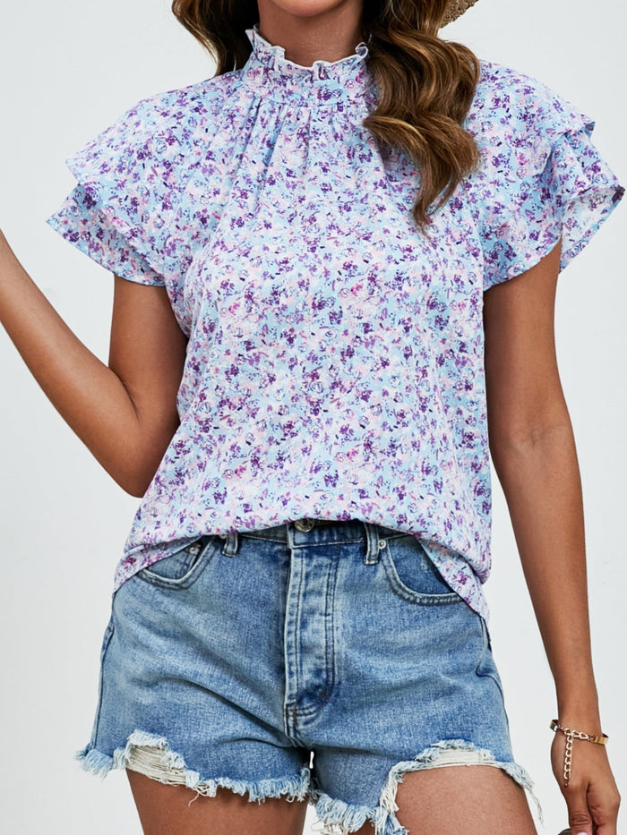 Ditsy Floral Mock Neck Flounce Sleeve Blouse Trandify deal