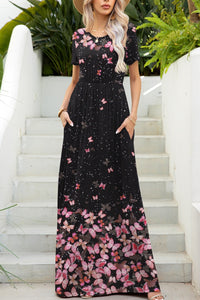 Printed Round Neck Short Sleeve Maxi Dress Trandify deal