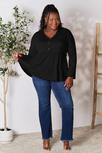 Double Take Half Button Long Sleeve Ruffle Hem Blouse Trandify Deal