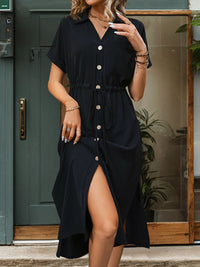 Perfee Slit Drawstring Button Up Short Sleeve Midi Dress Trandify deal
