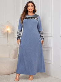 Plus Size Printed Round Neck Long Sleeve Dress Trandify Deal