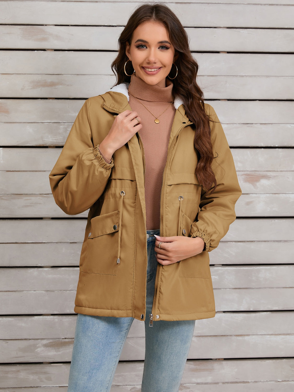 Drawstring Long Sleeve Hooded Jacket Trandify Deal
