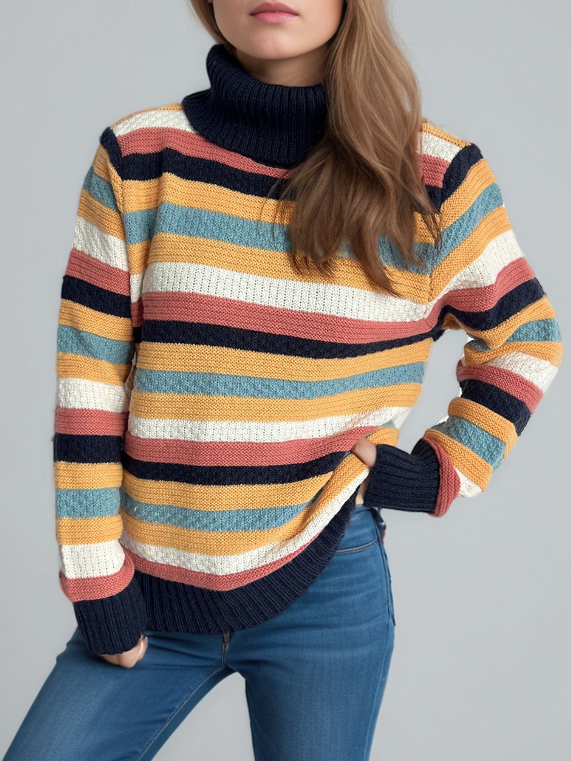 Contrast Stripes Turtleneck Long Sleeve Sweater Trandify Deal