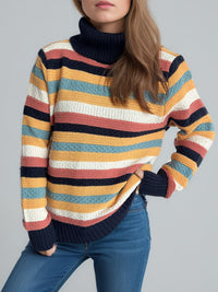 Contrast Stripes Turtleneck Long Sleeve Sweater Trandify Deal
