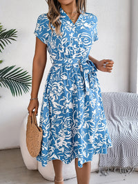 Printed V-Neck Short Sleeve Dress Trandify deal