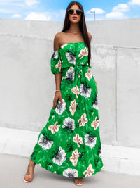 Pleated Floral Off-Shoulder Short Sleeve Midi Dress Trandify deal