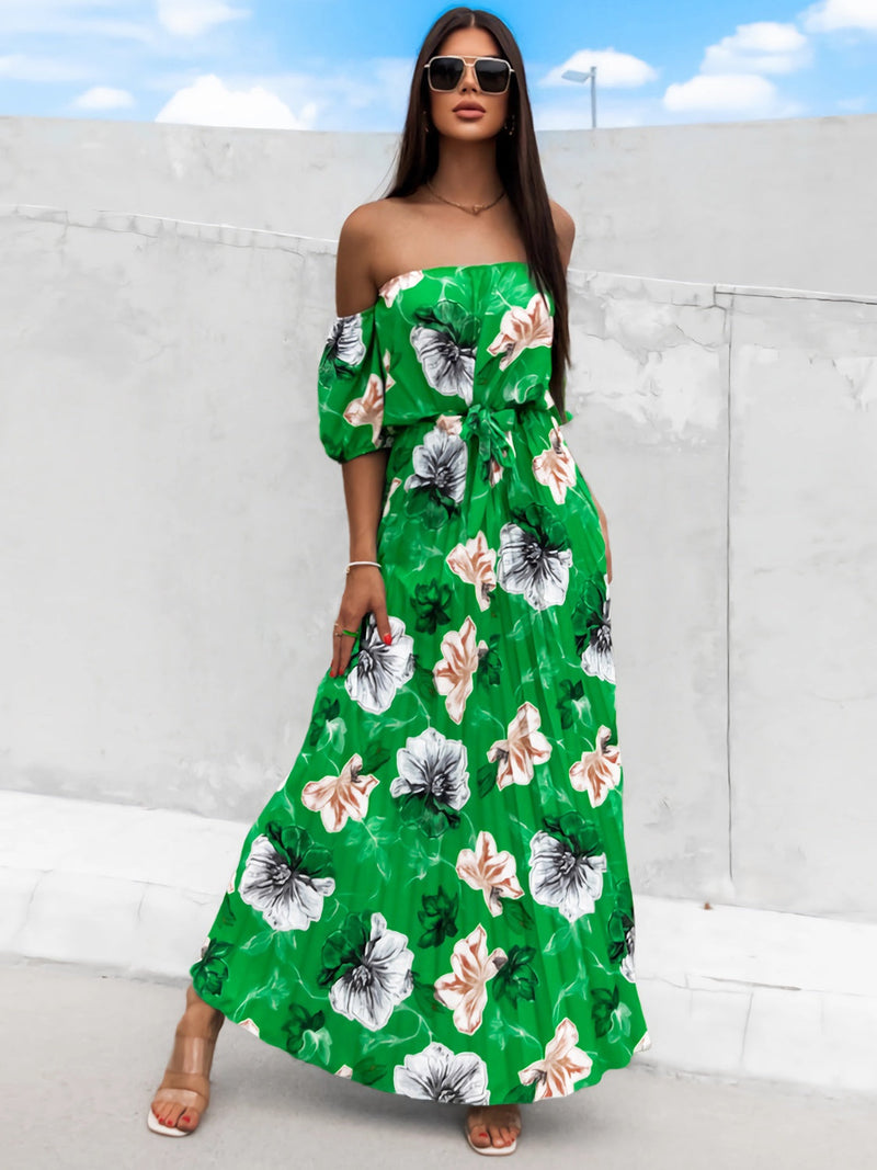 Pleated Floral Off-Shoulder Short Sleeve Midi Dress Trandify deal