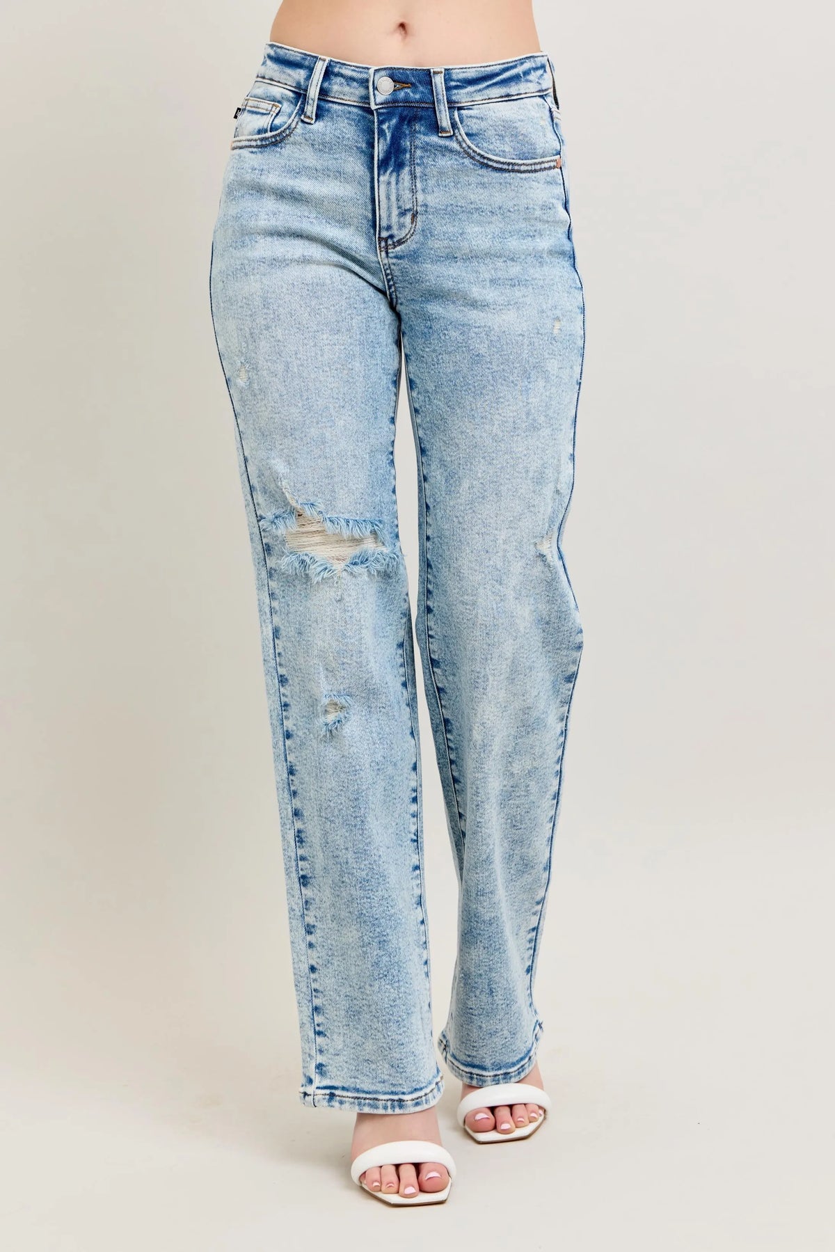 Judy Blue Plus Size 90's Straight Jeans - High Waist Distressed Denim for Women | TrandifyDeal USA