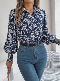 Printed Collared Neck Lantern Sleeve Shirt Trandify deal