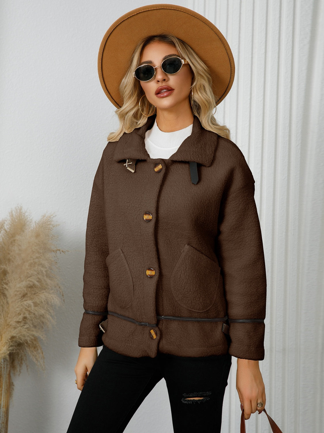 Pocketed Button Down Collared Neck Jacket Trandify Deal