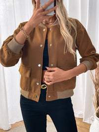 Perfee Baseball Collar Snap Down Long Sleeve Jacket Trandify Deal