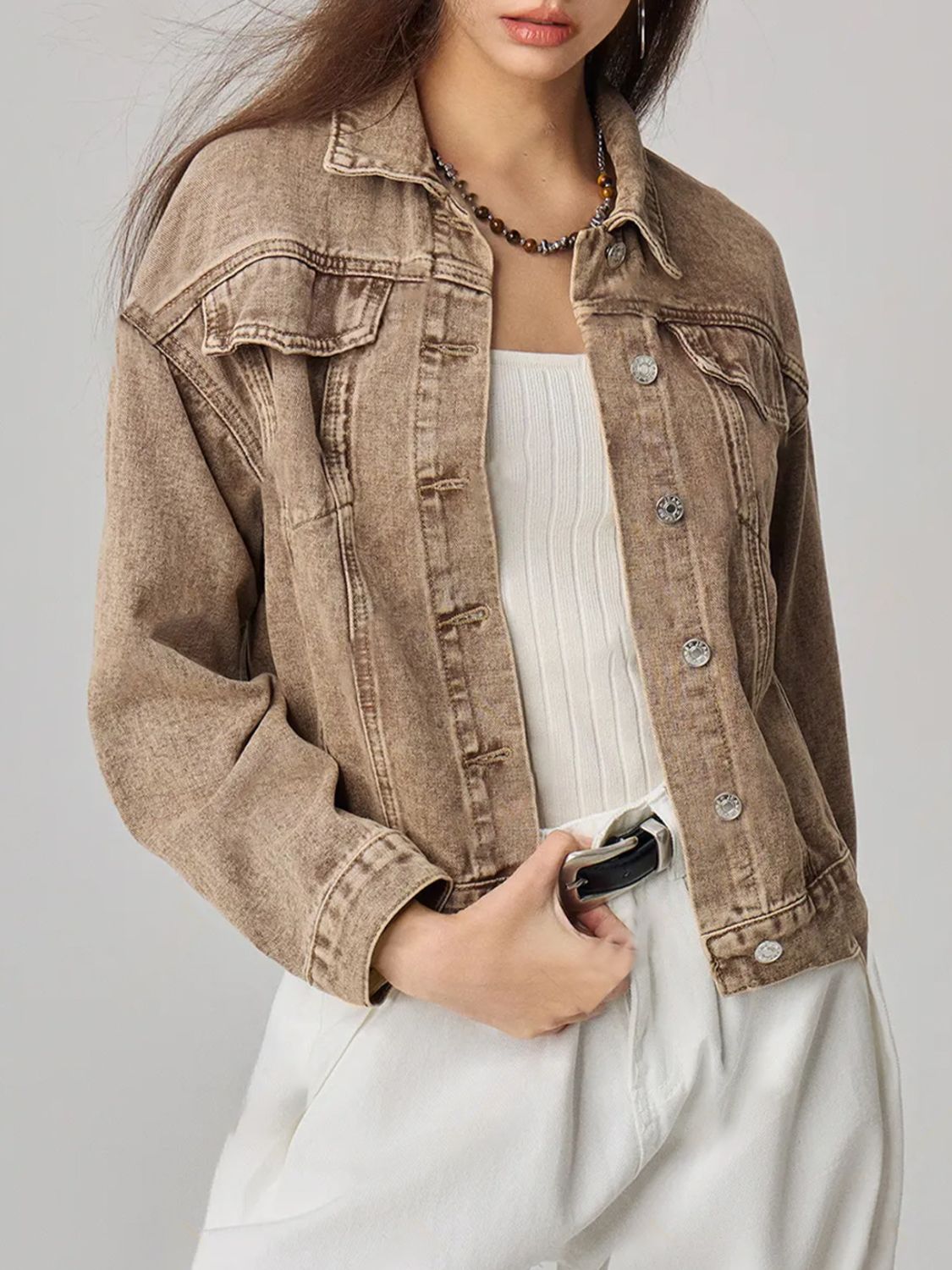 Pocketed Collared Neck Denim Jacket Trandify deal