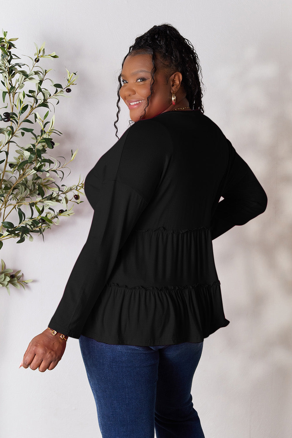 Double Take Half Button Long Sleeve Ruffle Hem Blouse Trandify Deal