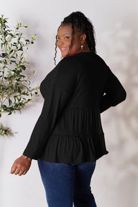 Double Take Half Button Long Sleeve Ruffle Hem Blouse Trandify Deal