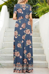 Printed Round Neck Short Sleeve Maxi Dress Trandify deal