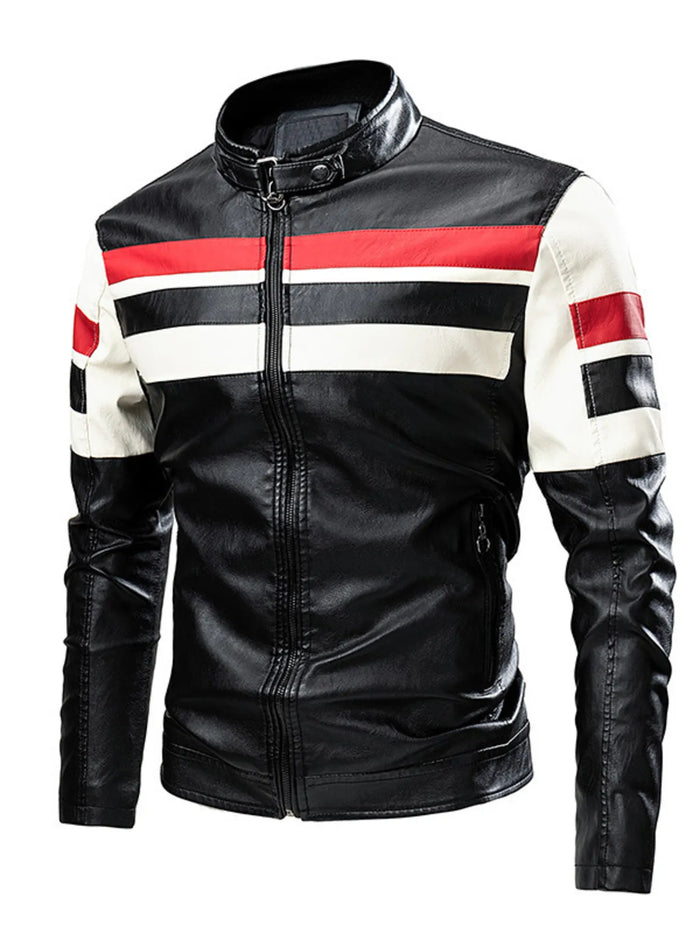 Plus size men's black PU leather biker jacket with white contrast zipper, laid flat