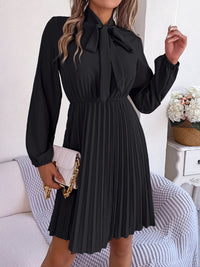 Tie Neck Balloon Sleeve Pleated Dress Trandify deal
