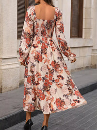 Back view of floral print smocked dress, perfect for summer