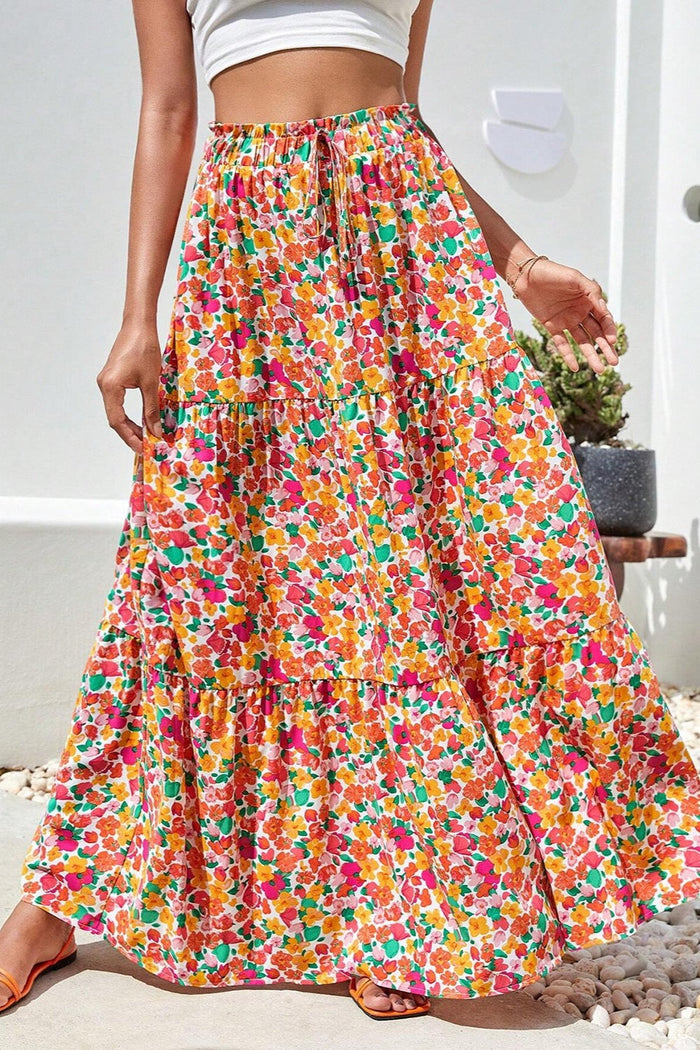Printed Elastic Waist Maxi Skirt Trandify deal